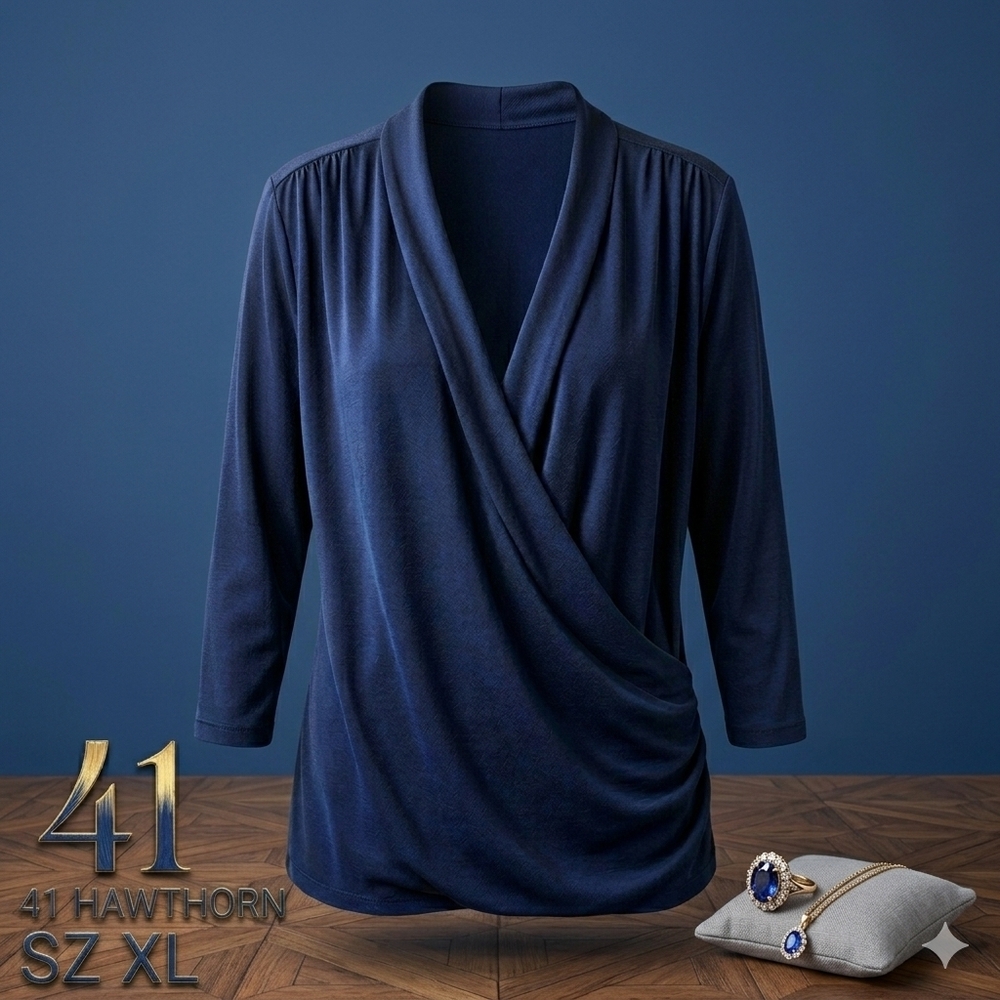 41 Hawthorn Navy Draped Wrap-Front Blouse - Picture 12 of 13